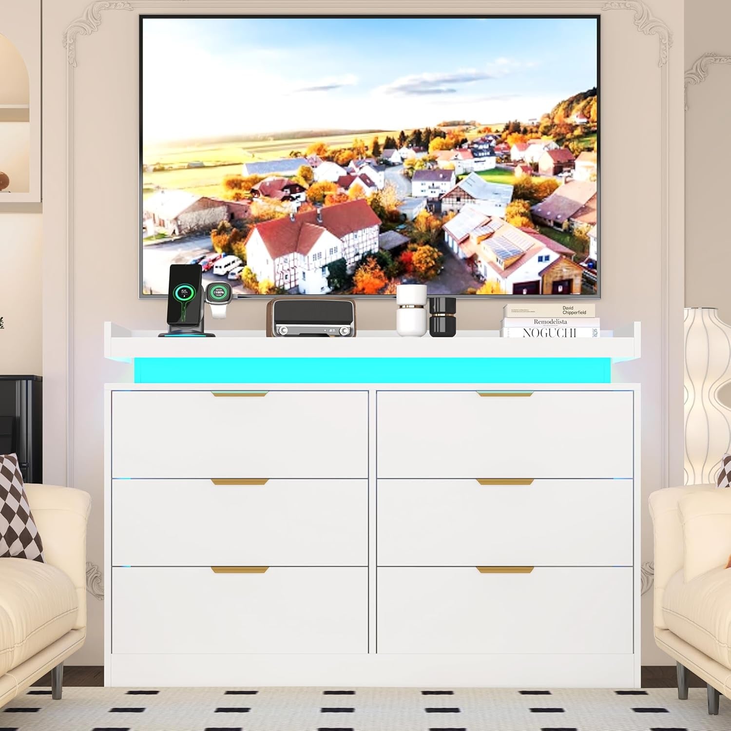 6 Drawer Dresser for Bedroom, White Dresser with LED Lights and Power Outlet, Modern Chest of Drawers for Closet, Double Wide Drawer Organizer Cabinet for Bedroom, Living Room, Entryway, Hallway