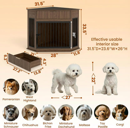 Corner Dog Crate Furniture with Fluted Storage Drawer, 44.6'' Wooden Dog Kennel End Table for TV Stand, Furniture Style, Corner Space-Saving Dog Cage for Small Medium Dog, Walnut