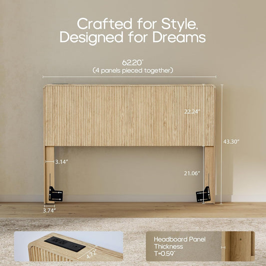 Fluted Headboard Queen Size, Modern Boho Queen Headboard Only, Wood Wall Mounted Headboard with 2 Outlets and USB & Type C Port, Curved Wooden Bed Headboards Bedroom Decor, Natural