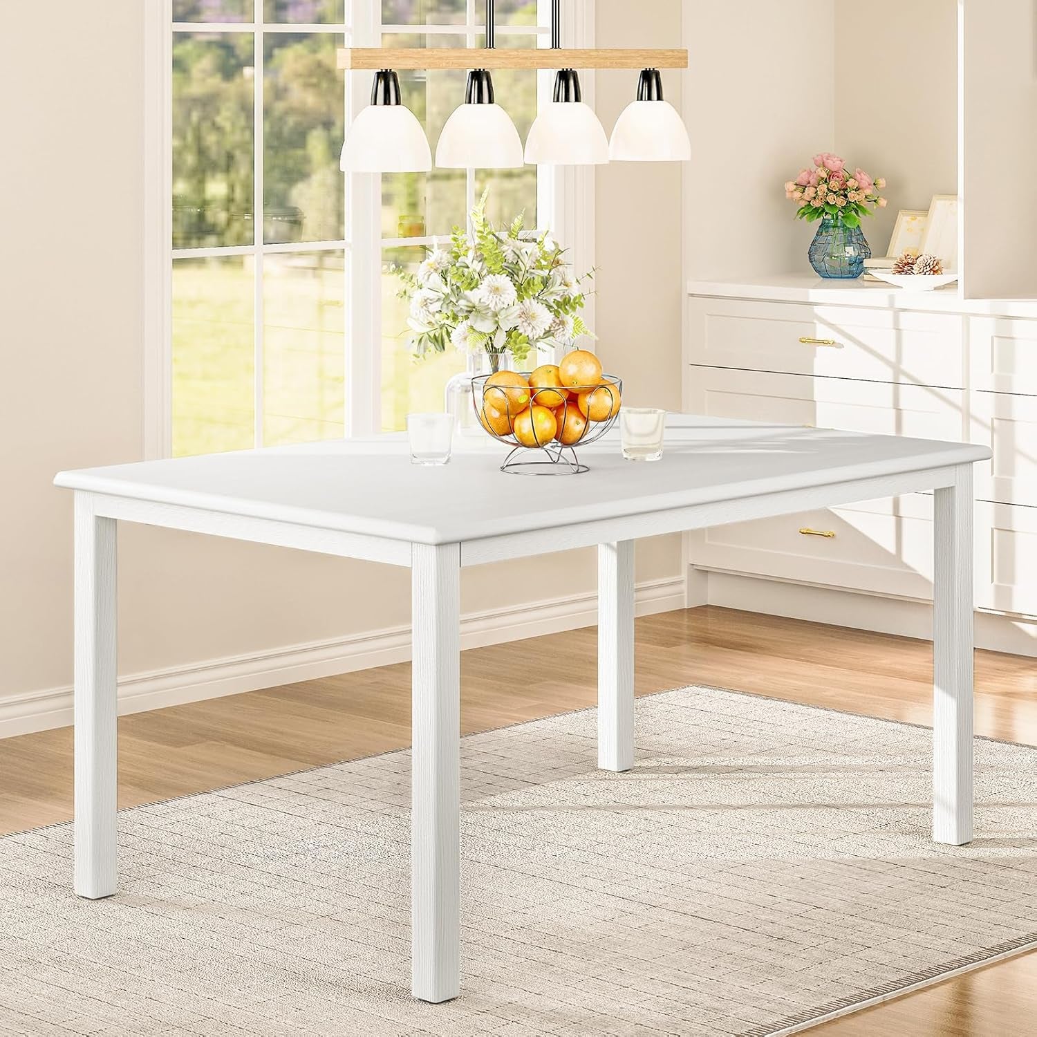 Wooden Dining Table for 6, Rectangle 60 Inch Kitchen Table with Wood Legs, Farmhouse Dinner Table for Dining Room, White