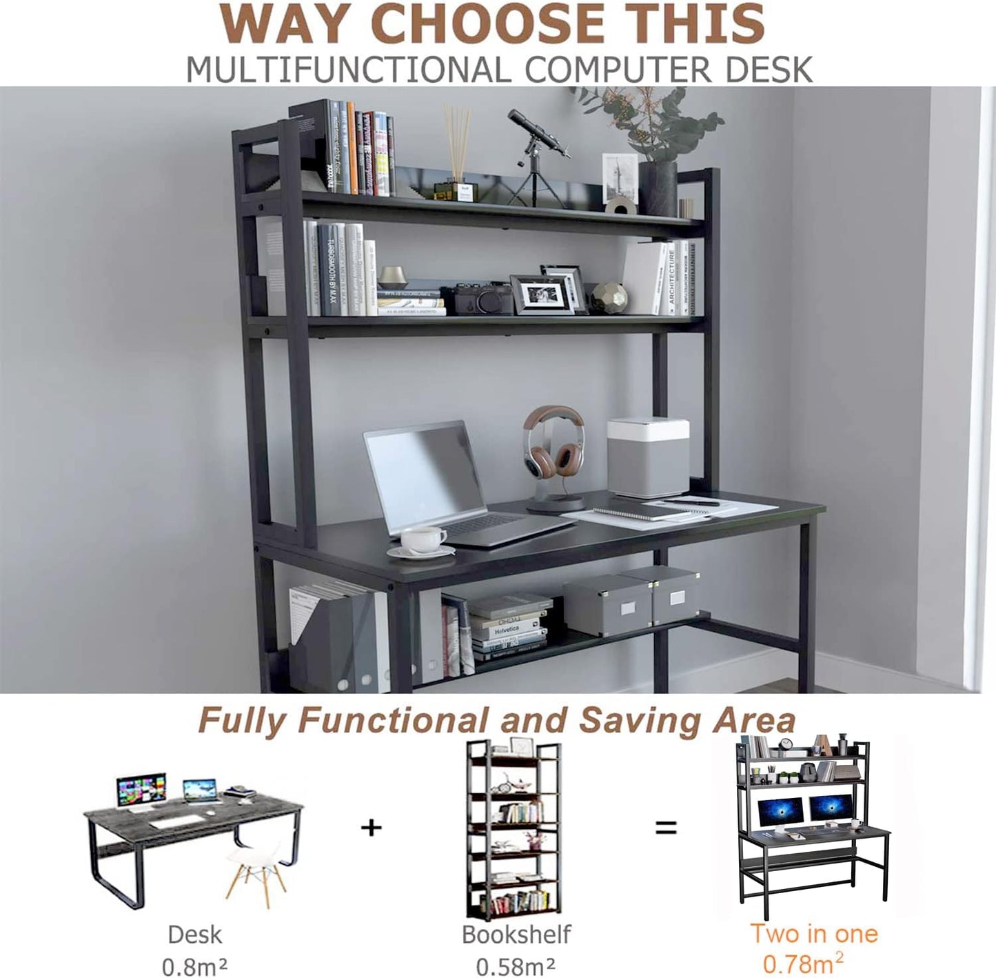 Computer Desk with Hutch and Bookshelves, Large Leg Room 47 Inch Width Black Desk with Space Saving Storage Shelves for Home Office,Study, Work, Easy Assemble