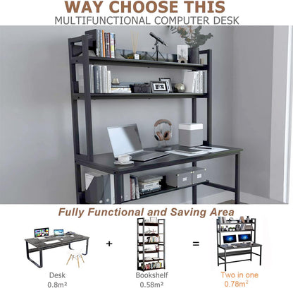 Computer Desk with Hutch and Bookshelves, Large Leg Room 47 Inch Width Black Desk with Space Saving Storage Shelves for Home Office,Study, Work, Easy Assemble