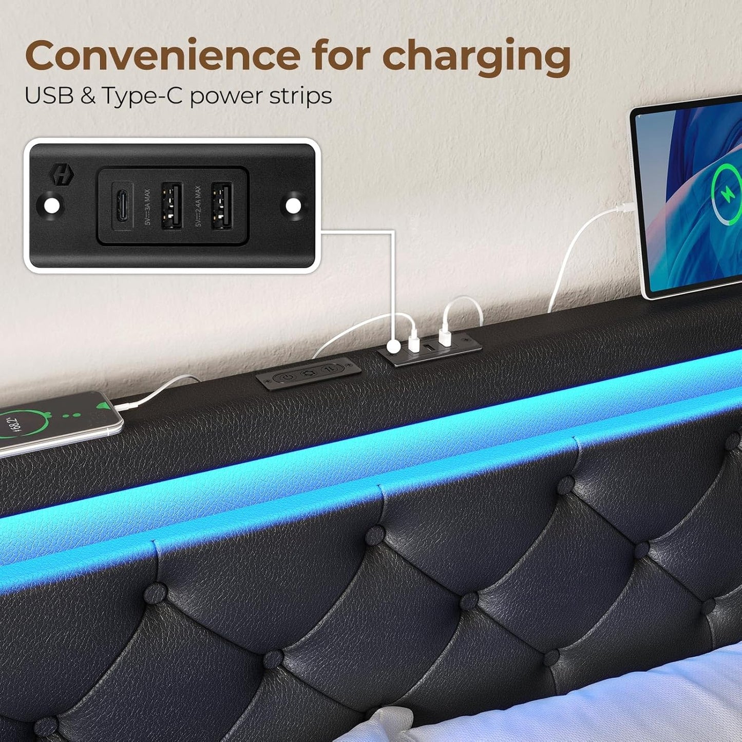 Full Bed Frame with LED Lights and Charging Station, PU Leather Bed with Drawers, Wooden Slats, Noise Free, Easy Assembly, Black