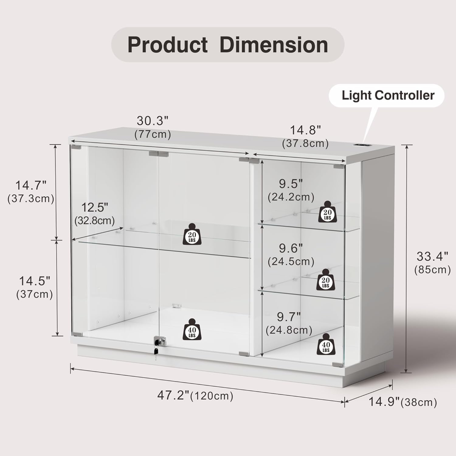 Glass Display Cabinet with Lock & LED Light, High Gloss Sideboard with Human Body Sensor & Glass Shelves for Toys, Books, Collectibles, Liquor, Bookcase for Living Room, Kitchen, Study, White