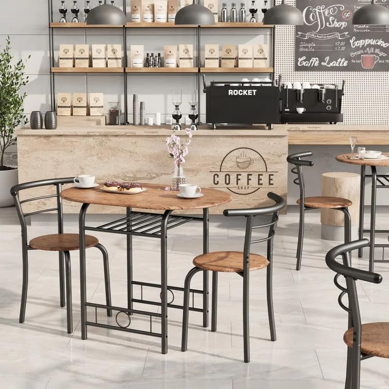 3-Piece Wooden Dining Table Set, Kitchen Breakfast Nook Sets with 2 Chairs & round Tabletop, Space Saving Furniture Metal Frame and Built-In Wine Rack, Brown