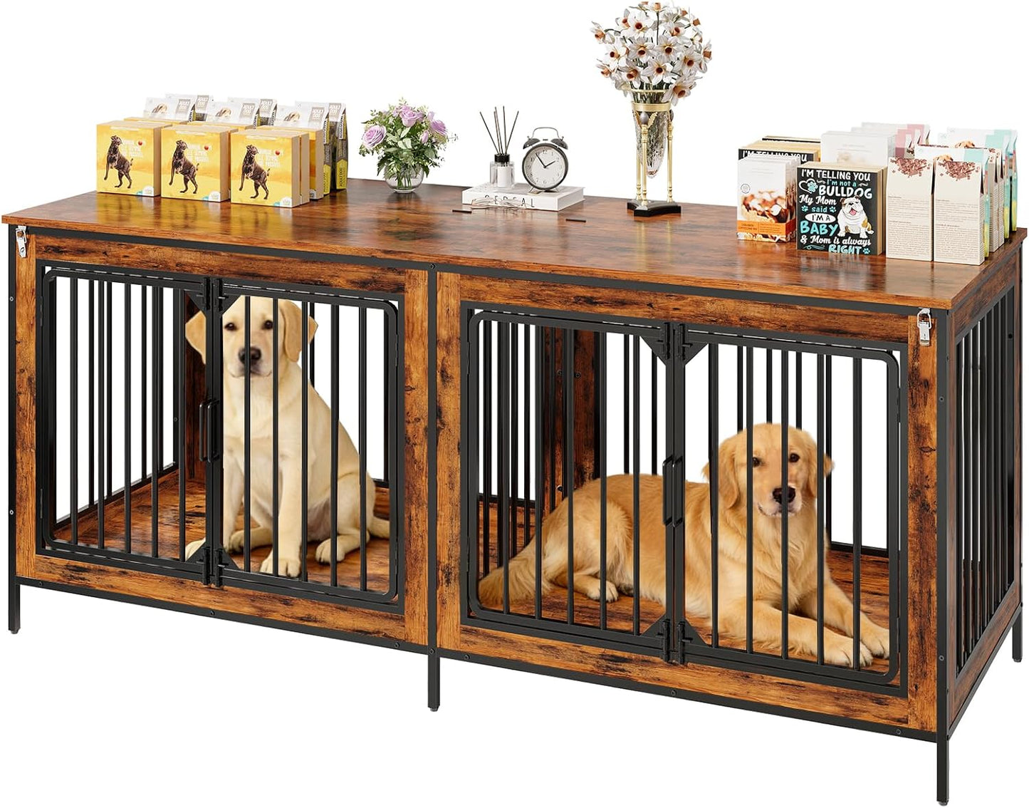 78.74" Double Dog Crate Furniture, Extra Large Dog Kennel Furniture Indoor, Heavy Duty Dog Cage for Medium and Large Dogs, Wooden Pet House as TV Stand, Brown