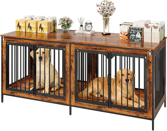 78.74" Double Dog Crate Furniture, Extra Large Dog Kennel Furniture Indoor, Heavy Duty Dog Cage for Medium and Large Dogs, Wooden Pet House as TV Stand, Brown