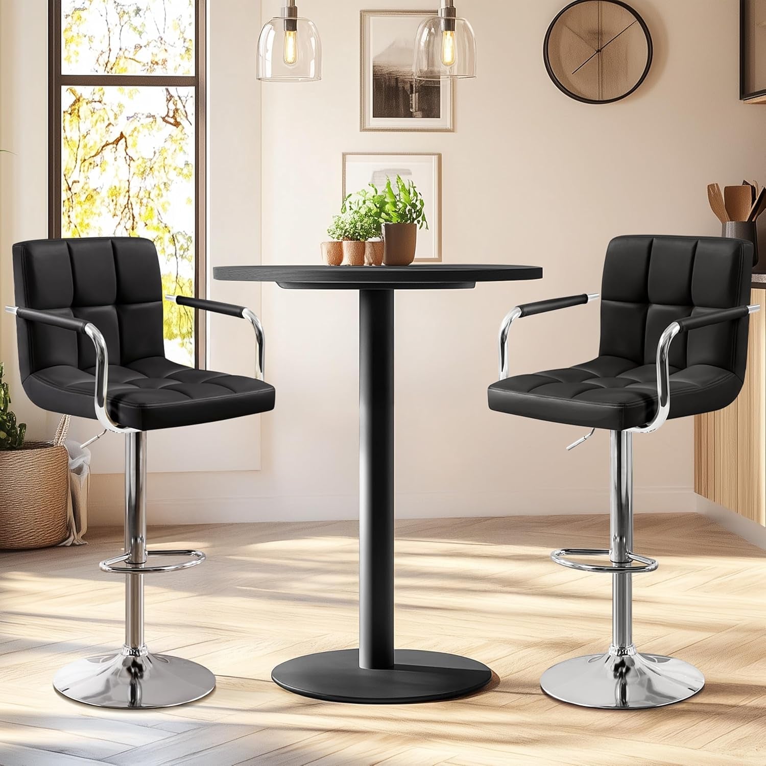 Bar Stools Set of 2, PU Leather Adjustable Swivel Barstools, Hydraulic Kitchen Counter Height Bar Chairs with Armrest and Back for Kitchen, Dining Room, Black
