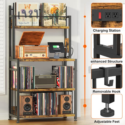 Record Player Stand with Vinyl Storage, Turntable Stand Holds up to 300 Albums, Large Record Player Table with Charge Station, Vinyl Record Stand for Living Room