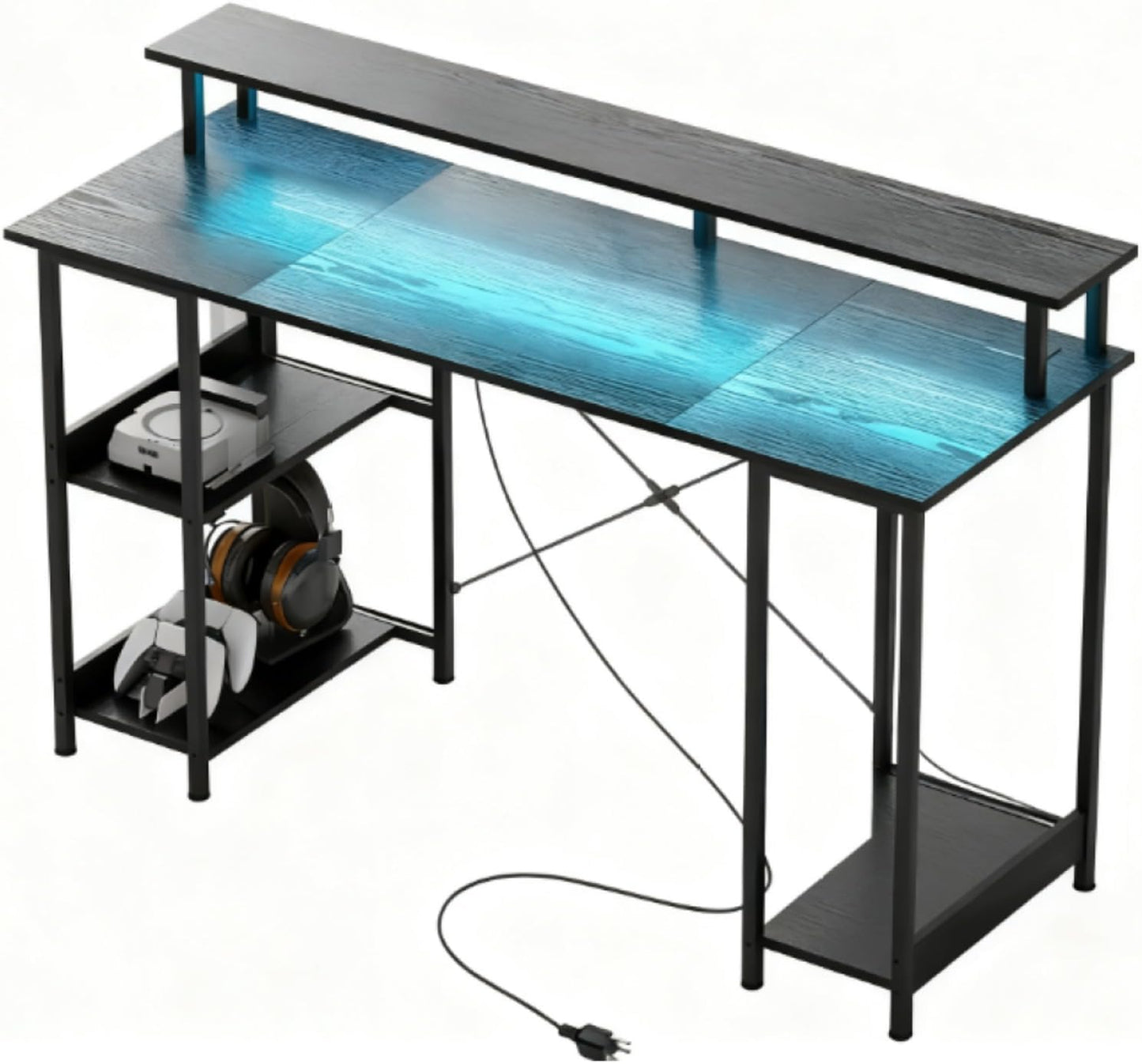 Modern PC Laptop Desk with Storage, Reversible Design Computer Gaming Table with Built-In Charging Station and Personalized Lighting, Assembly Required