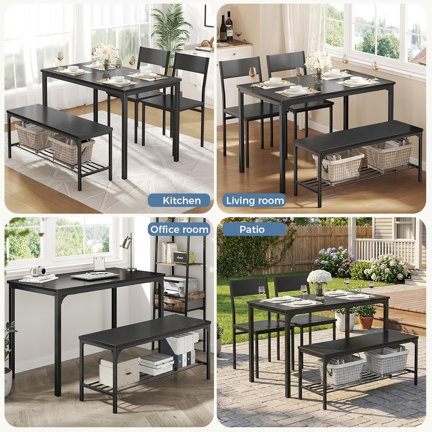 Dining Table Set, Dining Table for 4 with Bench, Kitchen Table, Space-Saving Ideal 4-Person Set for Dining Room Kitchen Apartment Corner Black 4 Pack