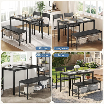 Dining Table Set, Dining Table for 4 with Bench, Kitchen Table, Space-Saving Ideal 4-Person Set for Dining Room Kitchen Apartment Corner Black 4 Pack