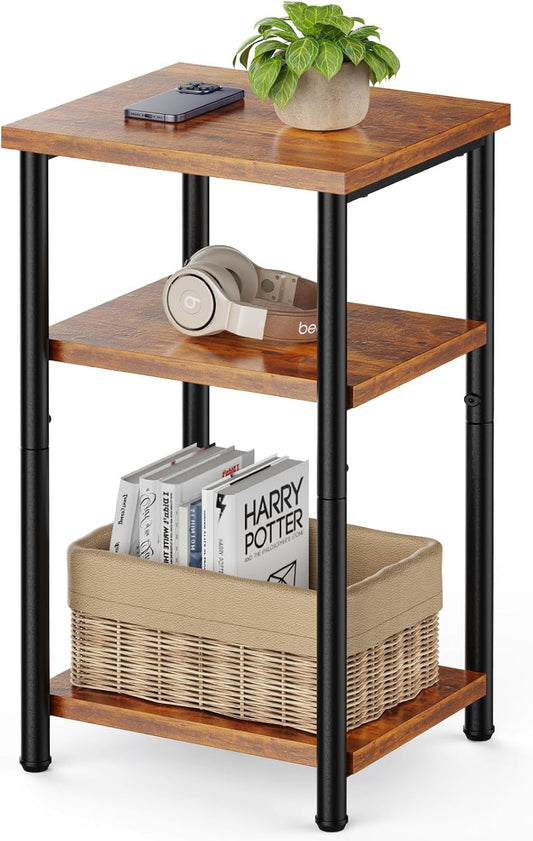 3-Tier End Table with Adjustable Feet, Side Tables, Small Nightstand, 1-Pack for Bedroom, Living Room, Office, Brown
