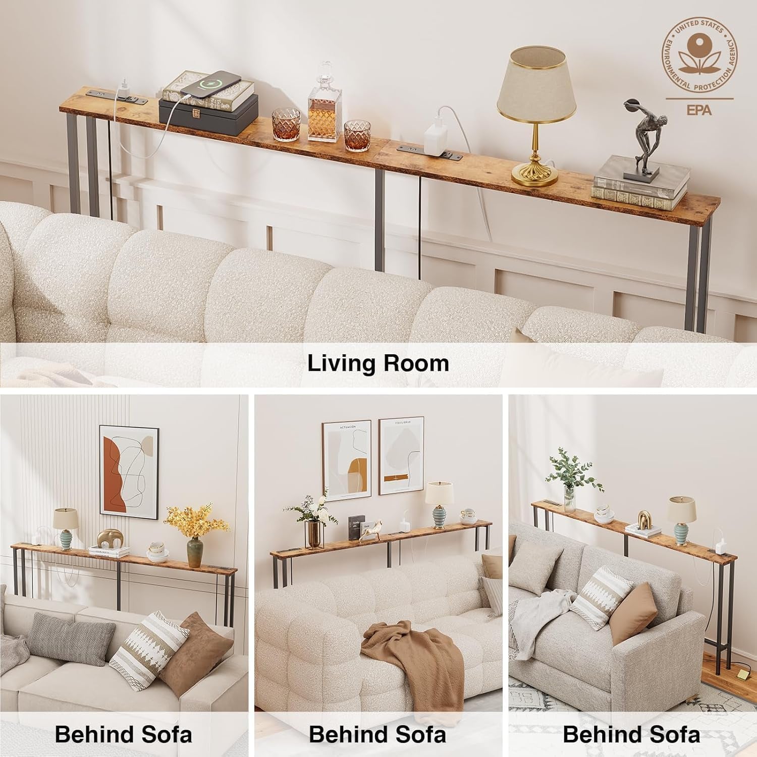70" Narrow Console Sofa Table - Power Outlets & 2 USB Ports, Metal Frame, Rustic Brown, Perfect for Hallway, Office, and behind Sofa - Easy Assembly, 4.9' Extension Cord Included