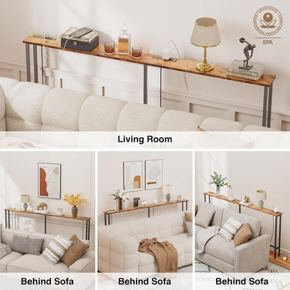 70" Narrow Console Sofa Table - Power Outlets & 2 USB Ports, Metal Frame, Rustic Brown, Perfect for Hallway, Office, and behind Sofa - Easy Assembly, 4.9' Extension Cord Included