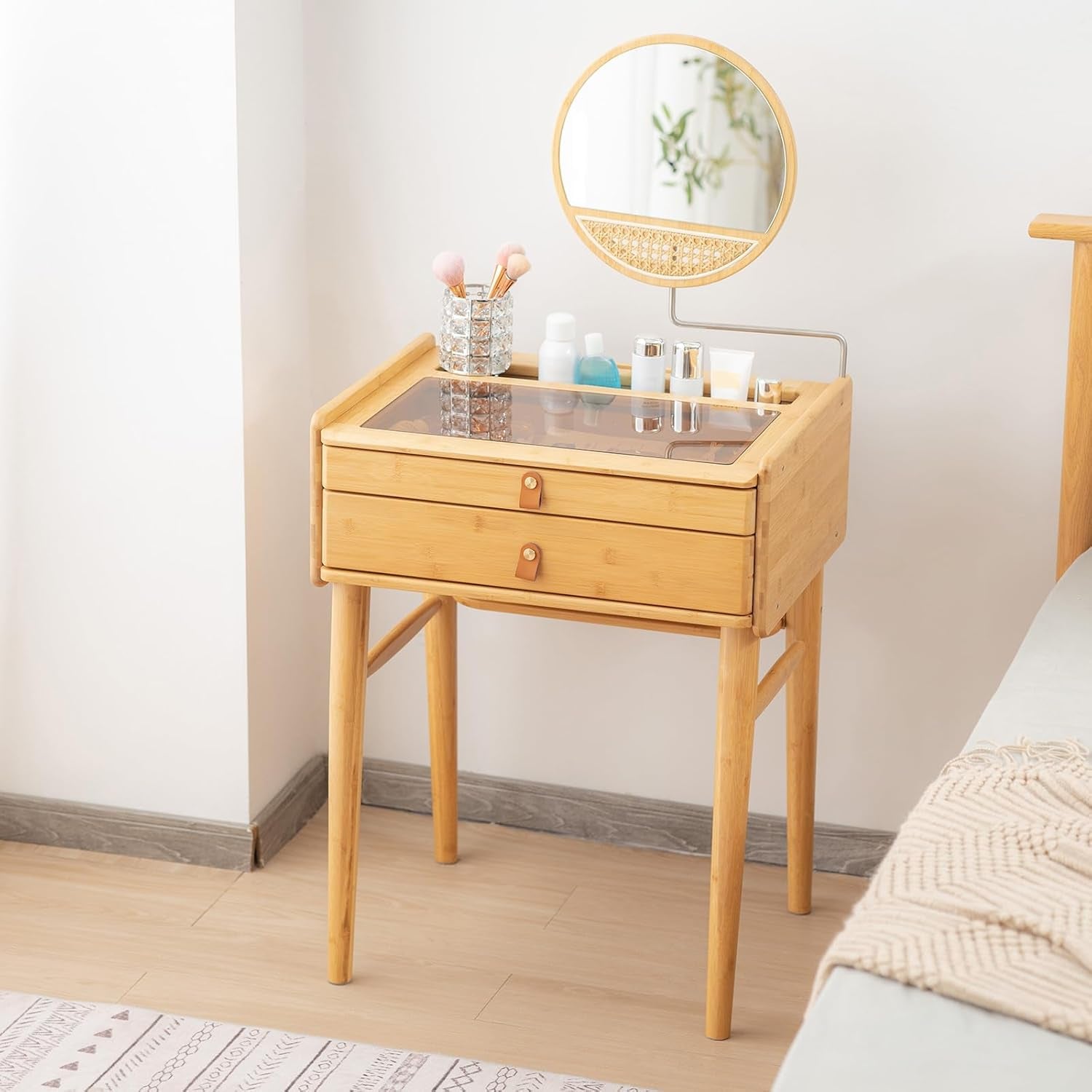 Vanity Desk, Makeup Vanity Table with Mirror, Dressing Table with 2 Drawers,Modern Wood Bedroom Vanity Vintage Dressing Table for Women Girls