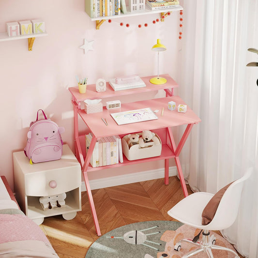 Small Desk, 27.5 Inch Computer Desk for Small Spaces, Study Desk with Storage & Monitor Stand, Pink