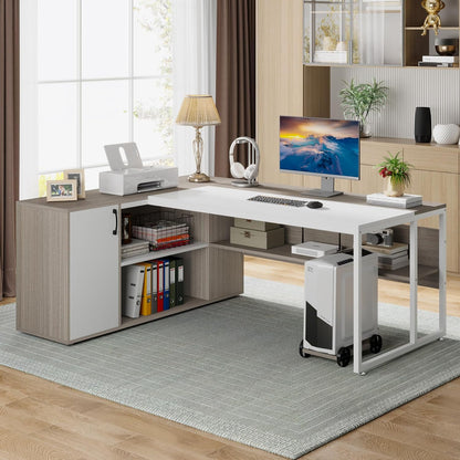 71 Inch Executive Desk, L Shaped Desk with Cabinet Storage, Executive Office Desk with Shelves, Business Furniture Set Workstation for Home Office, Gray and White