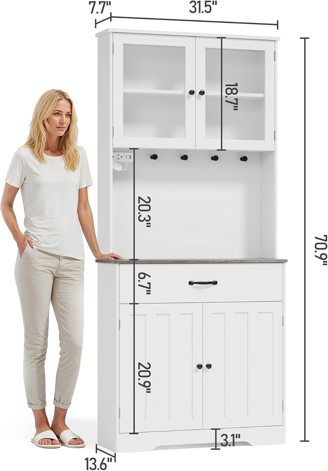 71" H Storage Cabinet with Strip Light, Kitchen Pantry Cabinet with Doors and Drawers, White Hutch with Charging Station and Adjustable Shelves, for Coffee Bar, Dining Room, Table Top-Retro