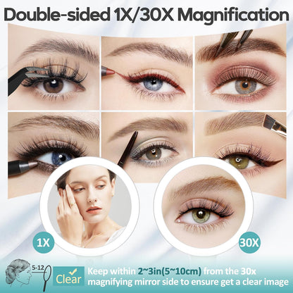 Magnifying Mirror with Light 30X, Double-Sided 1X/ 30X Magnifying Makeup Mirror with Tweezer, 2000Mah 3 Colour Modes with Adjustable Brightness,Foldable Travel Mirror(9" L X 7" W)