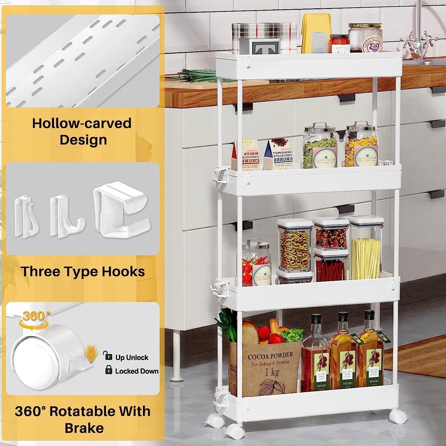 Slim Rolling Storage Cart 4 Tier Bathroom Organizer Mobile Shelving Unit Utility Cart Tower Rack for Kitchen Laundry Narrow Places, White