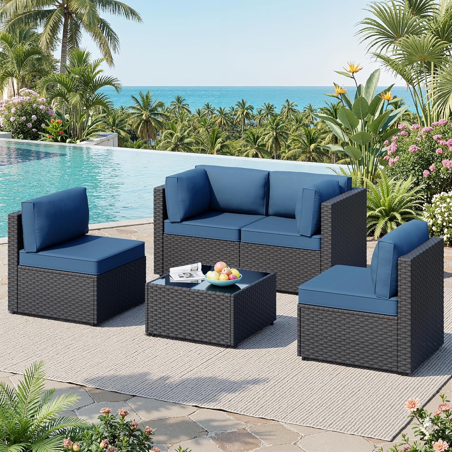 Patio Furniture Sets, 5-Piece Outdoor Patio Furniture with Thick Cushions, Wicker Outdoor Conversation Set Sectional Sofa for Backyard, Poolside, Garden, Aegean Blue