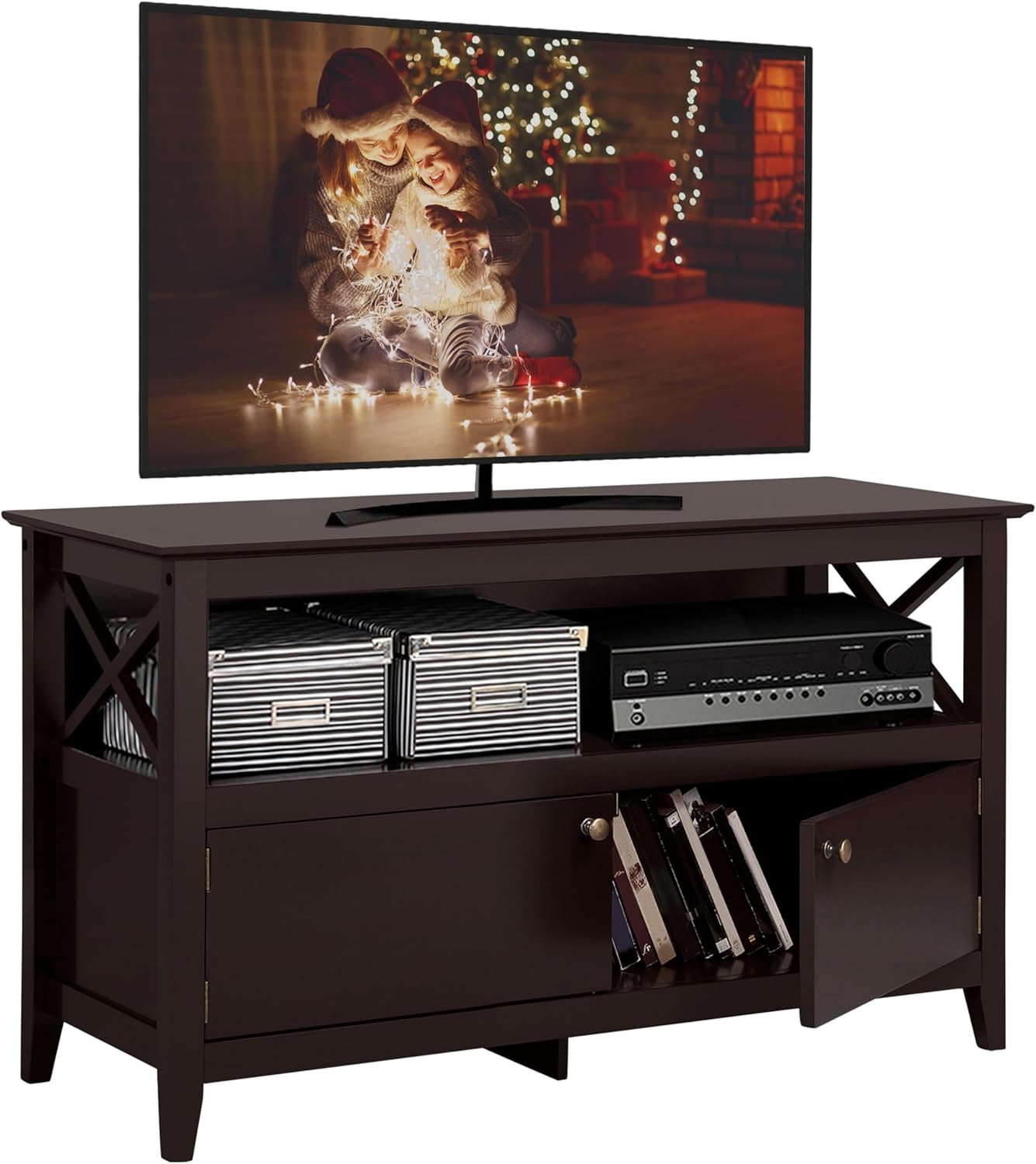 Wooden TV Stand for Tvs up to 48 Inch, Media Entertainment Center Table, TV Cabinet Table with Storage Open Shelf & 2 Doors for Living Room, Espresso