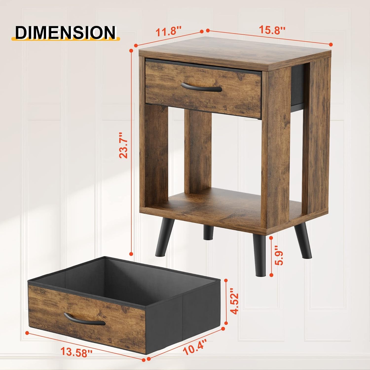 Nightstand Set of 2 with Fabric Drawers and Open Shelves - Rustic Bedroom Side Tables