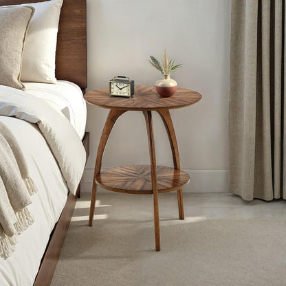 Retro Mid-Century Modern round Wood End Table, Solid Grain Side Table with Lower Shelf, Small Accent Table for Living Room or Nightstand. Nutmeg Brown.