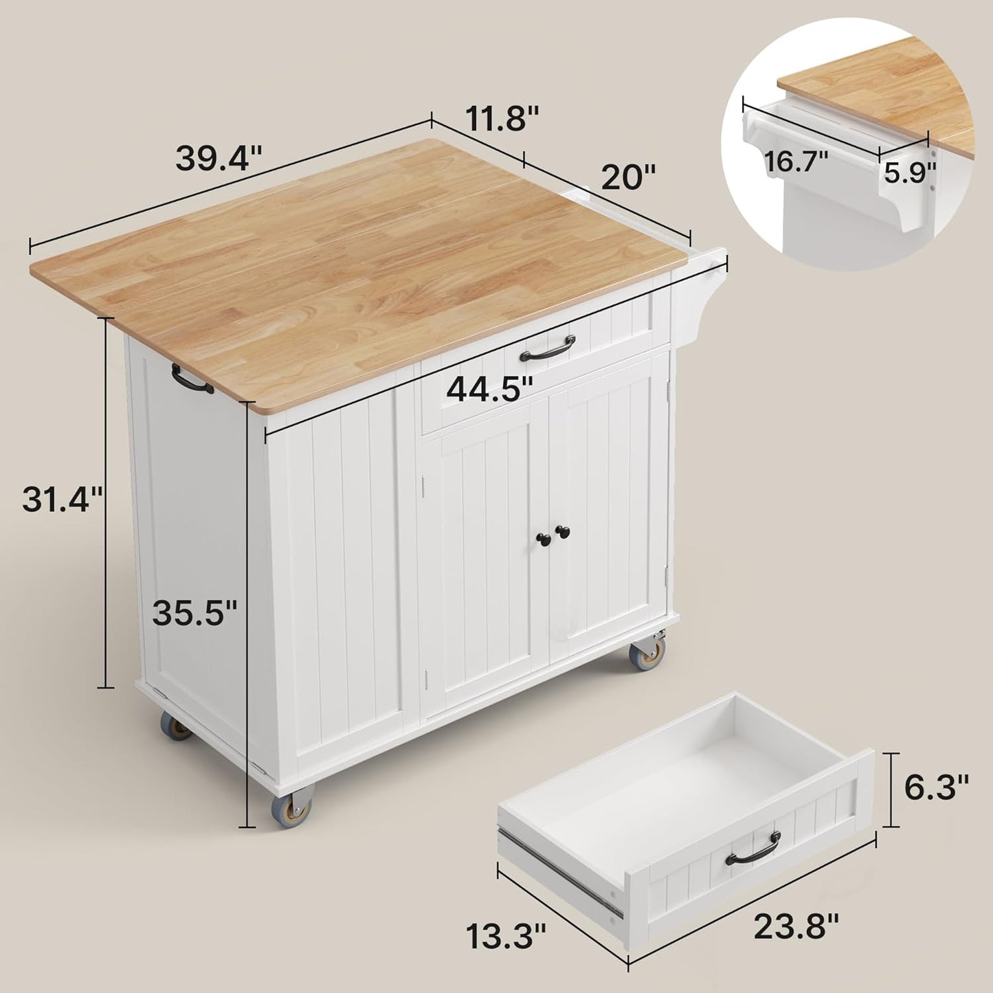 Kitchen Island with Storage, 44.49" Kitchen Island with Trash Can Storage, Drop Leaf Rubberwood Top, Knife Holder, Adjustable Shelf, Towel Bar, Drawer, Spice Rack, White