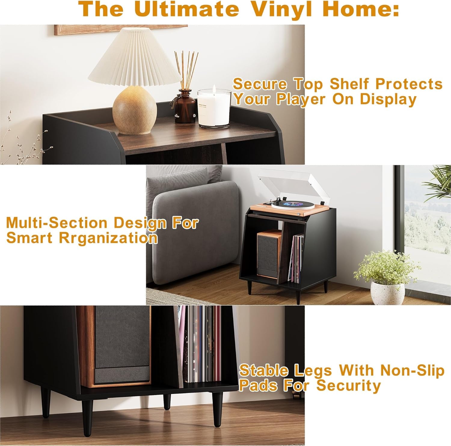 Nighstand Set of 3,Small End Side Table with Adjustable Divided Shelves for Vinyl Storage， Suitable for Music Room Living Room Bedroom