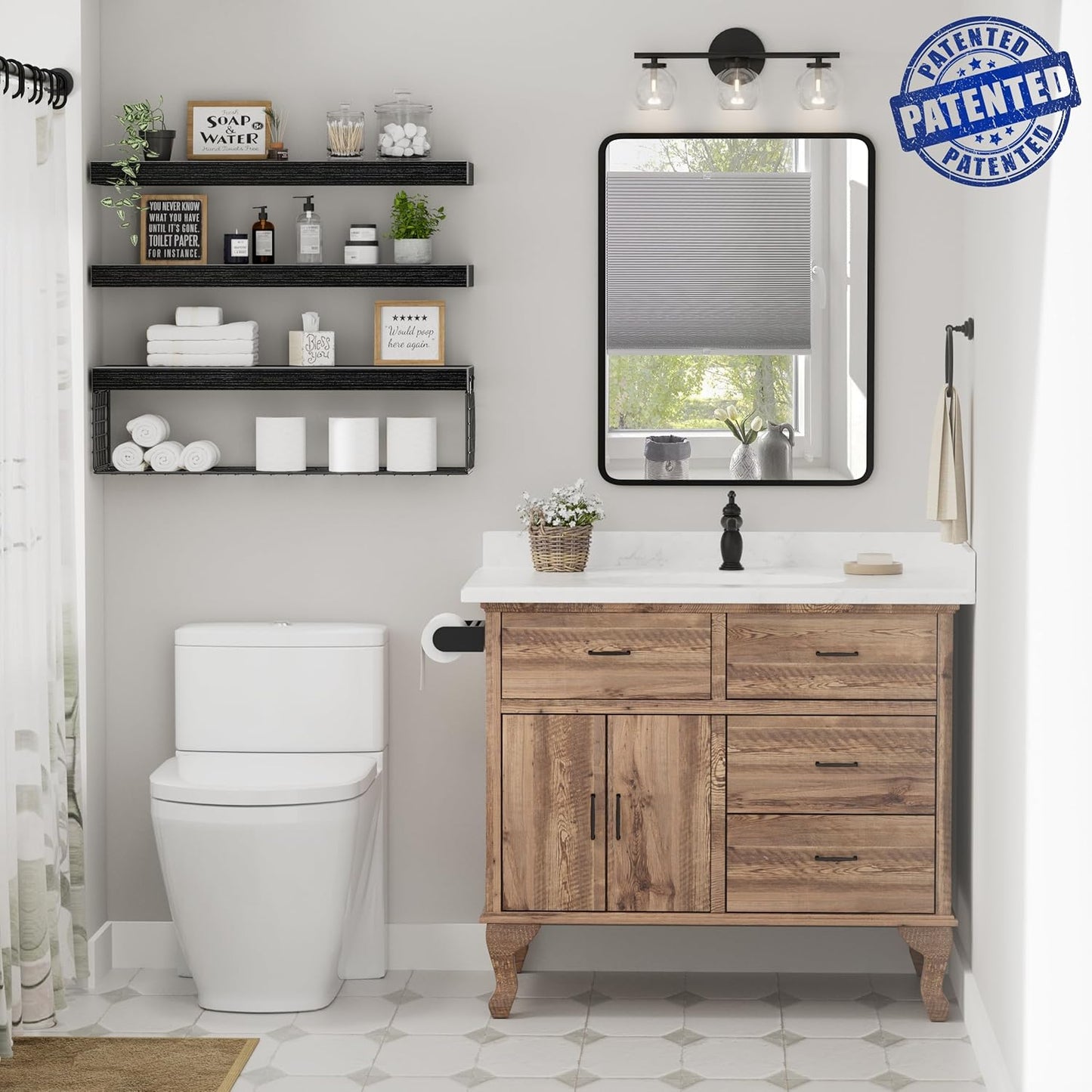 Bathroom Shelves 24 Inches Long - Floating Shelf for Wall over Toilet Paper Storage Basket Farmhouse Set of 3, Black (019-60B3)