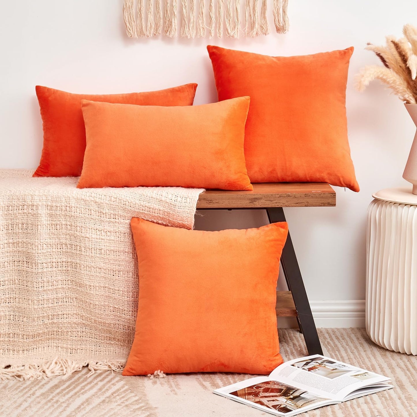 Fall Orange Throw Pillow Covers Decorative Velvet Set of 2 18X18 Inch Pillow Covers, Soft Burnt Orange Pillowcases for Couch Sofa Bed Living Room, Farmhouse Boho Decor, Accent Cushion Covers