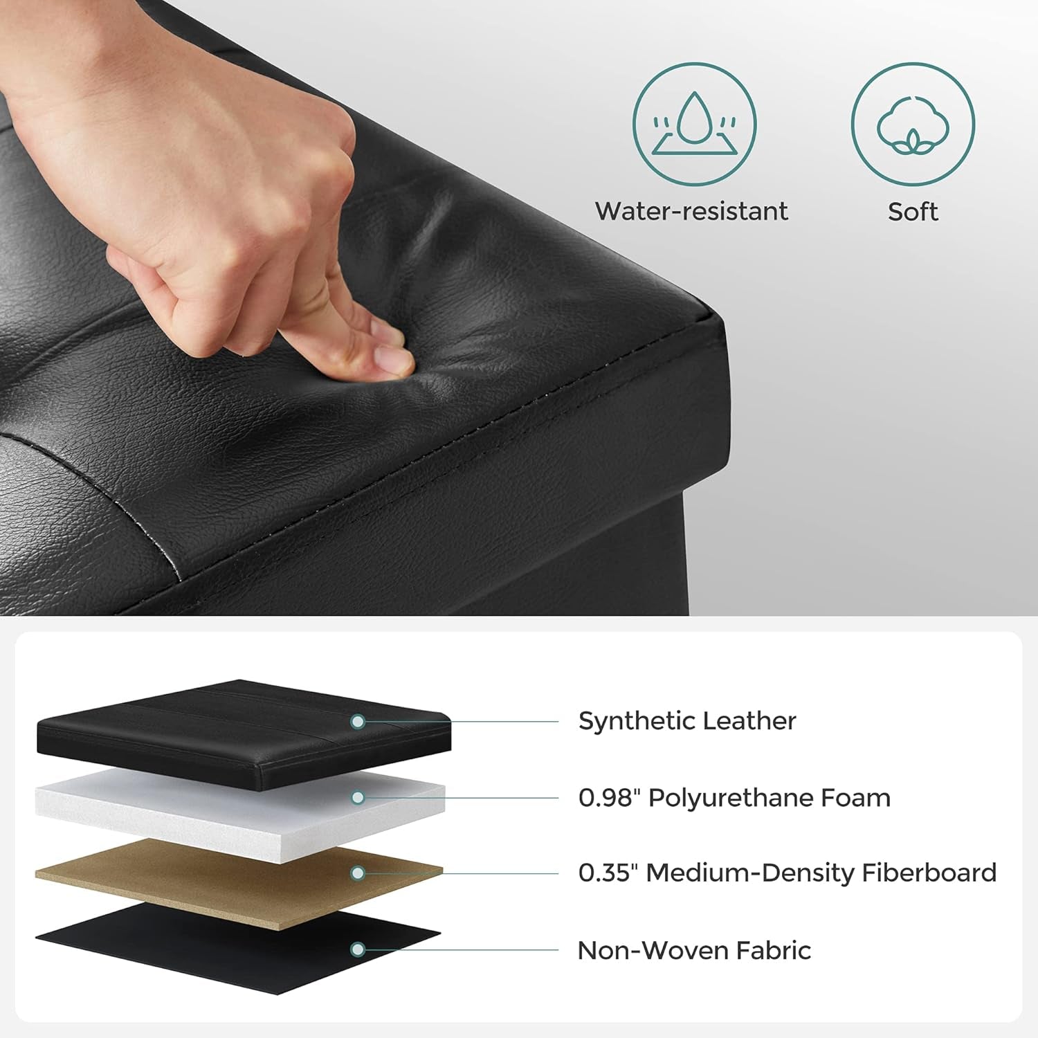 MAZIE Collection - 43 Inches Storage Ottoman Bench with Flipping Lid, Storage Chest with Iron Frame Support, Load 660 Lb, for Living Room, Bedroom, Synthetic Leather, Black ULSF75BK