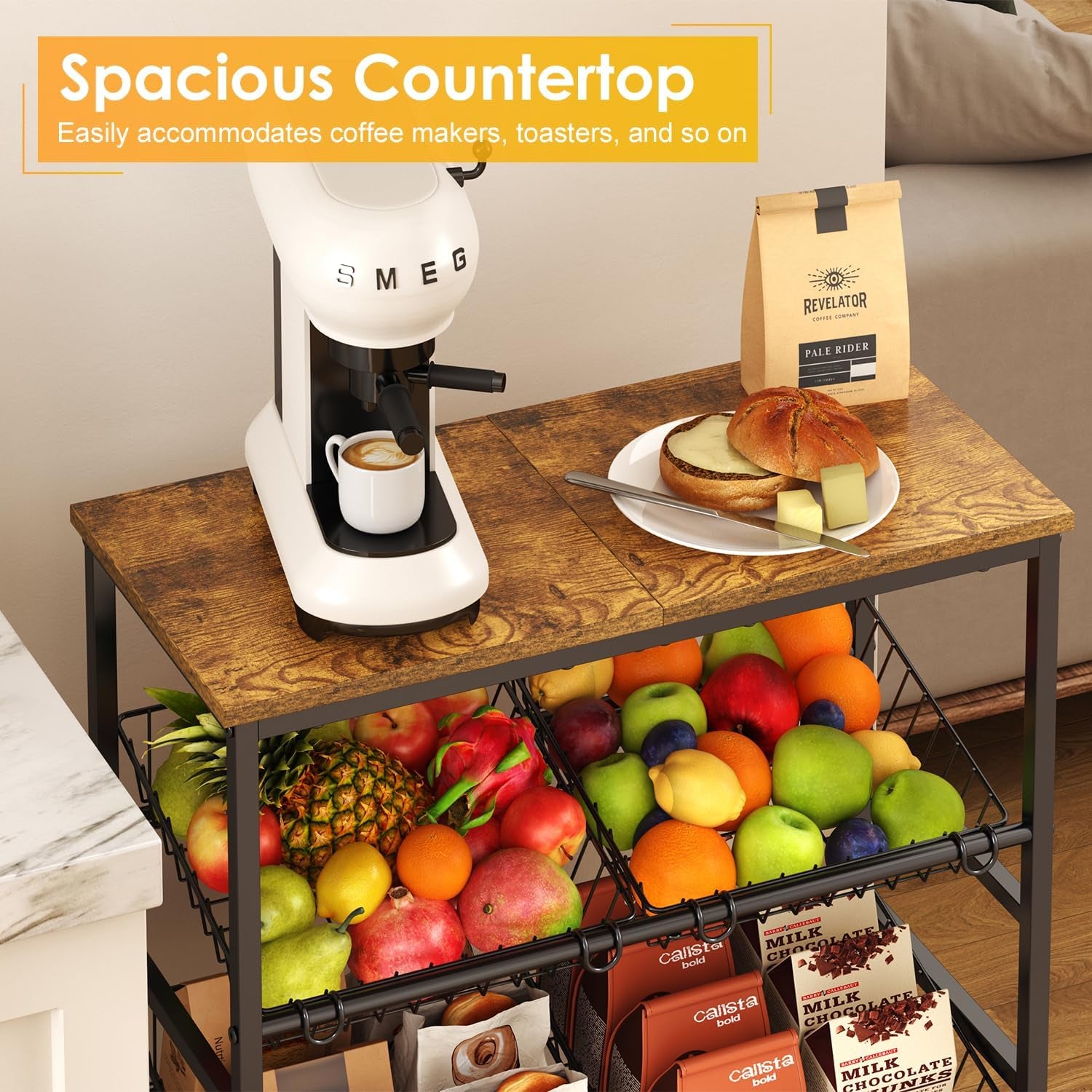 4-Tier Rolling Kitchen Storage Cart,Utility Kitchen Pantry Organizers and Storage Cart with Wheels for Snack Fruit and Vegetable,Microwave Stand with Storage Shelf,Has 6 Wire Baskets and Wood Tabletop