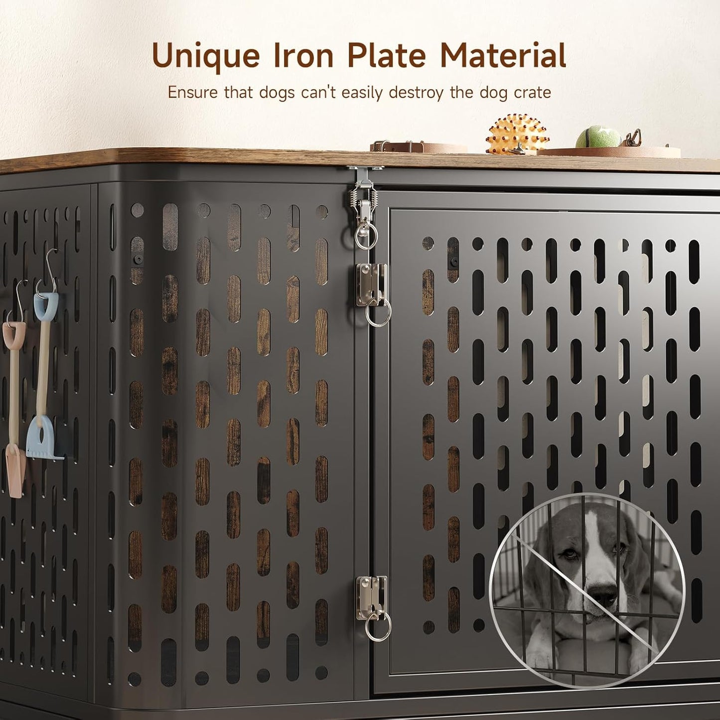 43.7" Dog Crate Furniture with Wheels, Indoor Heavy Duty Dog Kennel with Flip Top & Cushion for Medium Dogs, Escape-Proof and Chew-Proof Pet Cage for High Anxiety Pet, Decorate as TV Stand