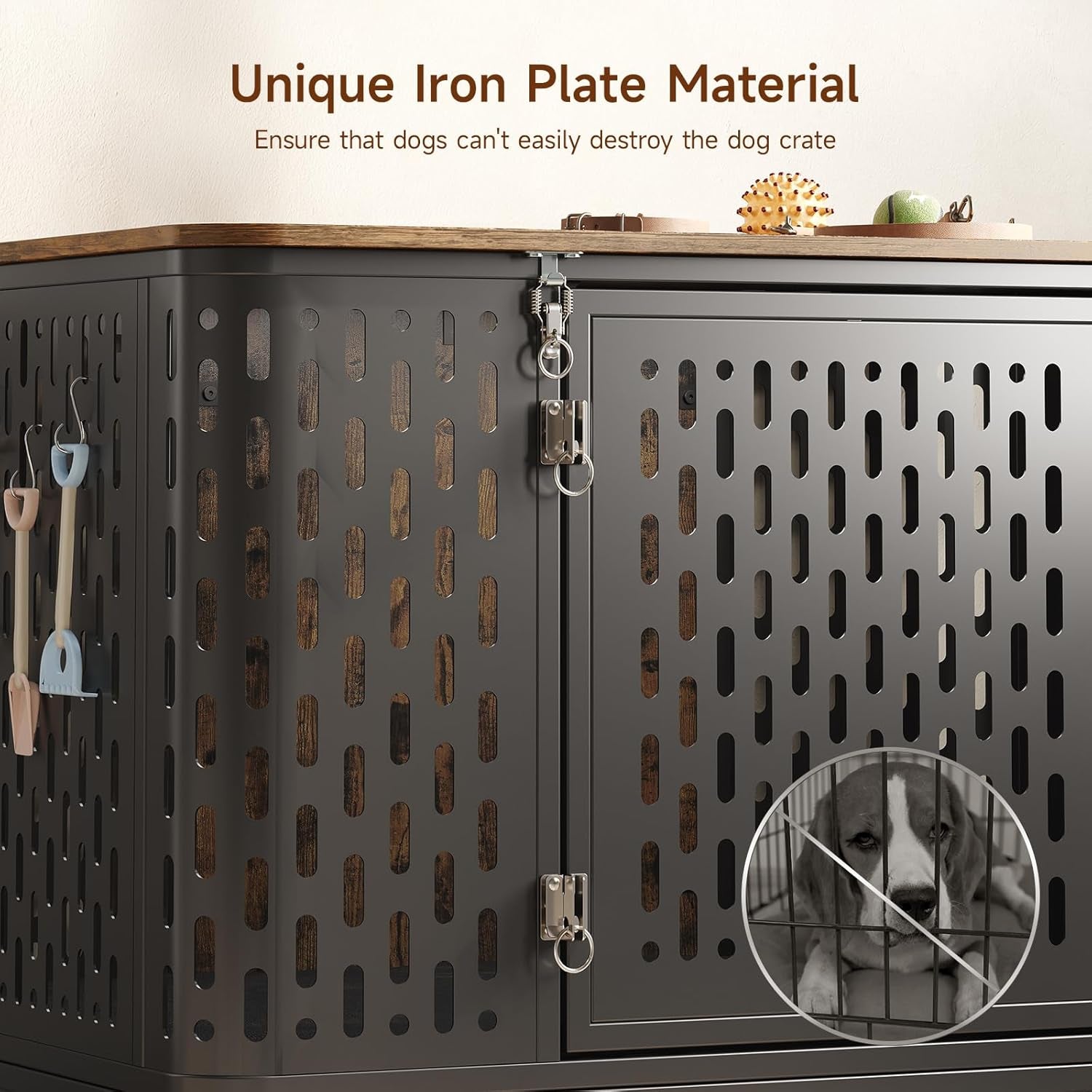 43.7" Dog Crate Furniture with Wheels, Indoor Heavy Duty Dog Kennel with Flip Top & Cushion for Medium Dogs, Escape-Proof and Chew-Proof Pet Cage for High Anxiety Pet, Decorate as TV Stand