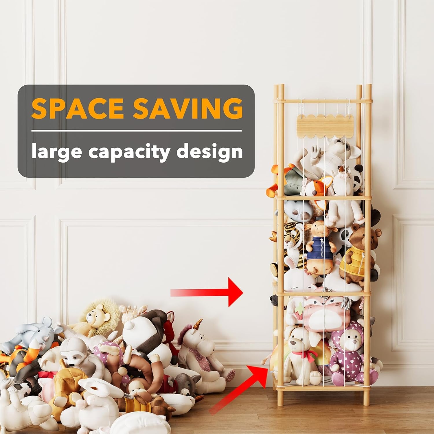 Stuffed Animal Storage Organizer, Wood Animals Zoo Toy Plushies Storage Holder, Large Capacity Plush Toy Cage for Playroom Organization, 15.8" Wide, Natural