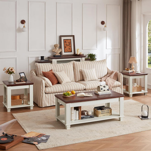 Farmhouse Coffee Table Set of 3, Rustic Wood 3 Piece Coffee and End Table Sets with Open Shelf for Living Room, White
