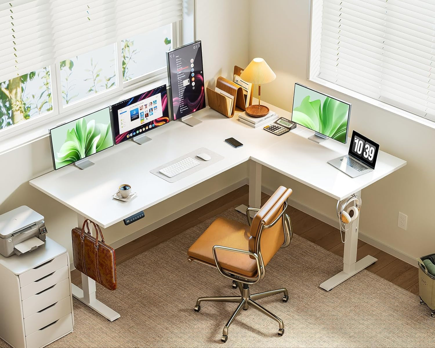 63 Inch Electric L-Shaped Standing Desk, Reversible Corner Desk with Height Adjustment, Large Ergonomic Workstation for Home Office, Reception Room, White