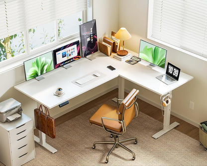 63 Inch Electric L-Shaped Standing Desk, Reversible Corner Desk with Height Adjustment, Large Ergonomic Workstation for Home Office, Reception Room, White