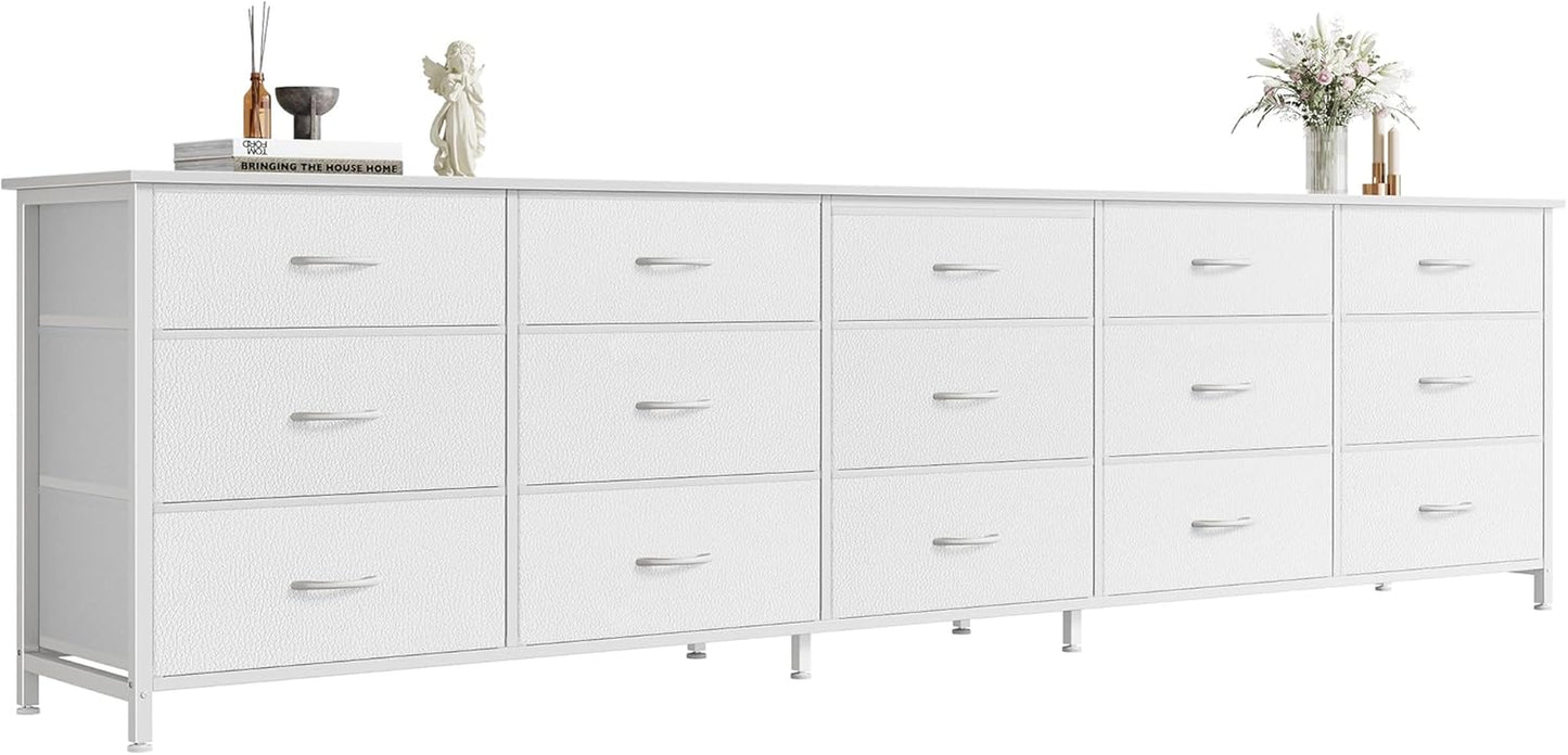 78.7 Inch Long Dresser for Bedroom, 15 Drawer Fabric Dresser for Closet, Large TV Stand for 65, 75, 85 Inch TV, Wide Chest of Drawer with Storage, 78.7" W X 12.9" D X 26.7" H, White