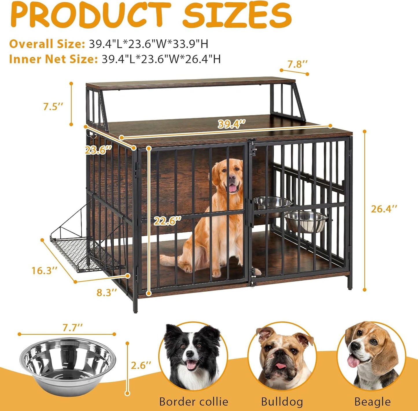 Heavy Duty Dog Crate Furniture -  40” Large Dog Kennel Furniture with Elevated Stainless Steel Bowls, Wooden Dog Crate with Storage, Brown Dog Crates for Small Medium Dogs
