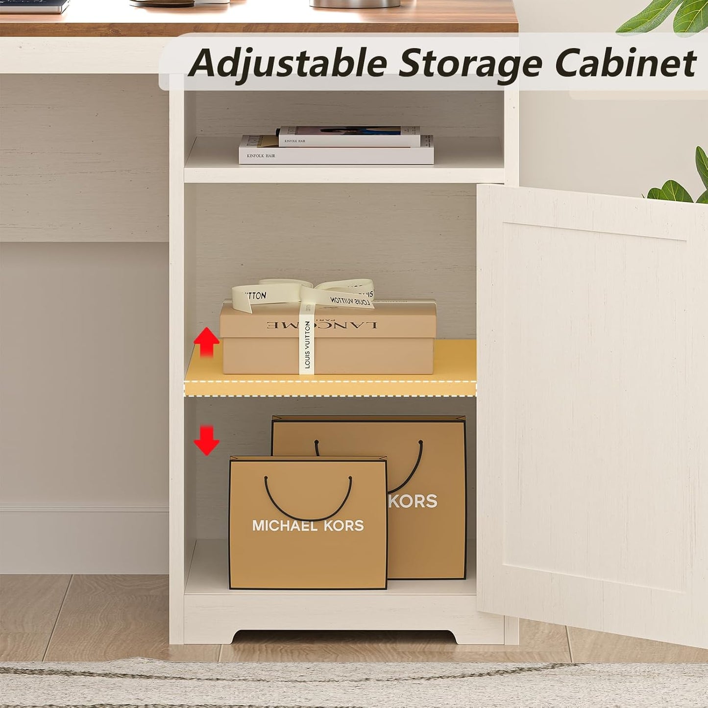 63" Farmhouse L Shaped Executive Desk with Drawers & Storage Shelf, Corner Computer Desk with Power Outlets, L Shaped Office Desk with Monitor Stand, Printer Shelf, Antique White