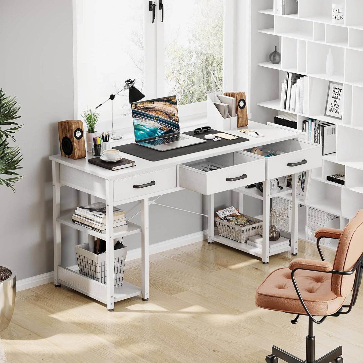 Office Small Computer Desk: Home Table with Fabric Drawers & Storage Shelves, Modern Writing Desk, White, 48"X16"