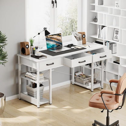 Office Small Computer Desk: Home Table with Fabric Drawers & Storage Shelves, Modern Writing Desk, White, 48"X16"