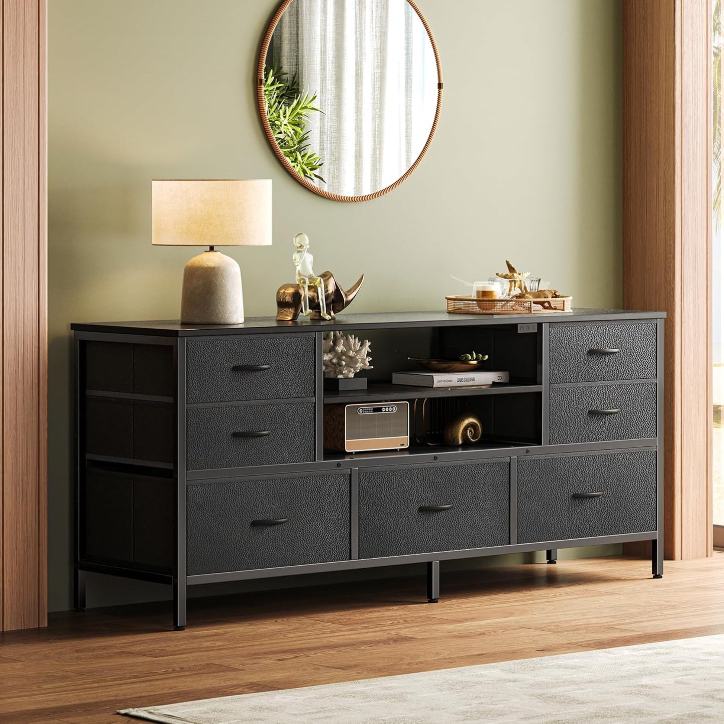 TV Stand Dresser with Power Outlets and LED Lights, 7 Drawer Console for 55 Inch TV, Black PU Leather Bedroom Dresser