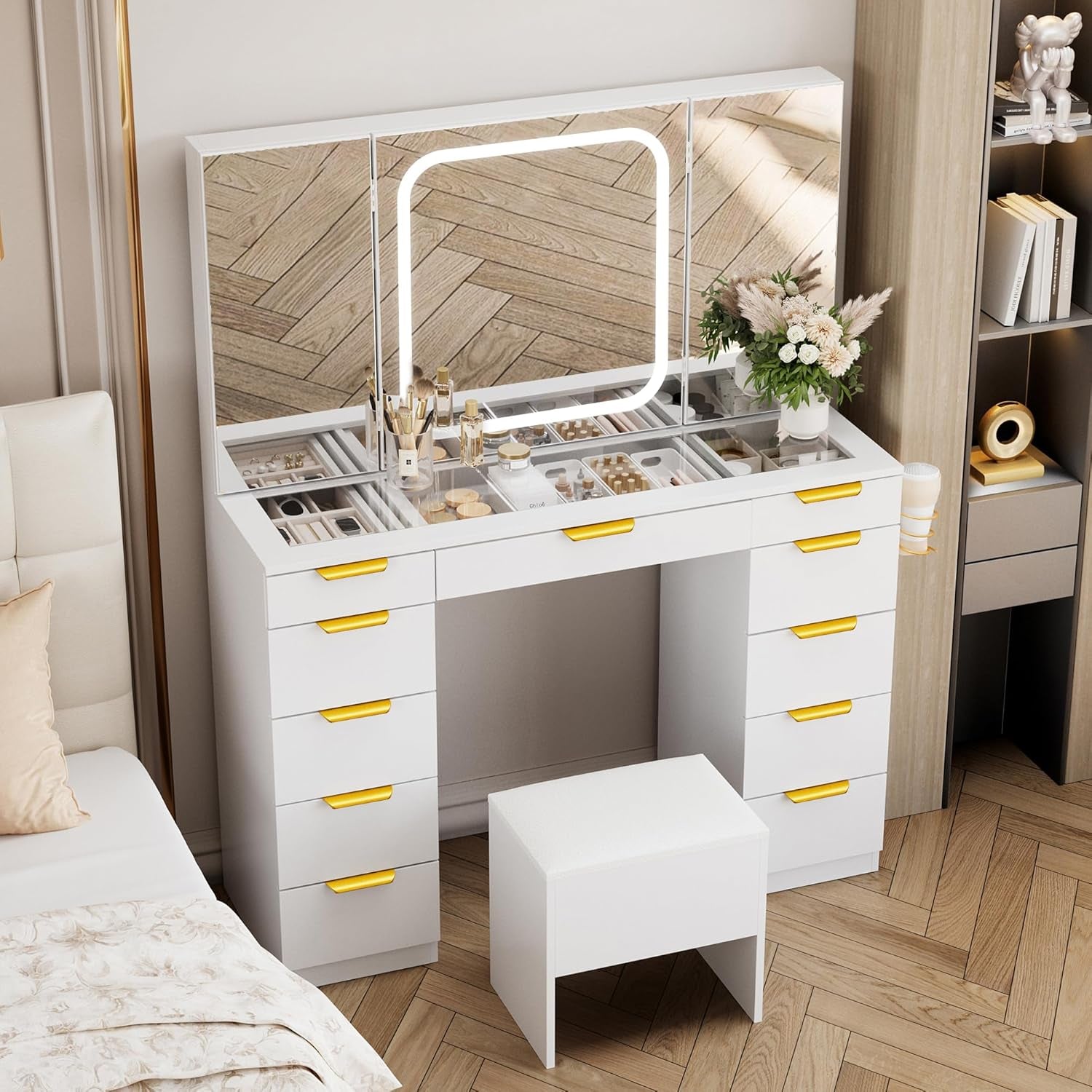 11 Drawers Vanity Desk with Foldable Mirror, Glass Top Makeup Vanity with LED Lights, 3 Lighting Modes, Golden Handles Dressing Table with Chair and Power Outlet