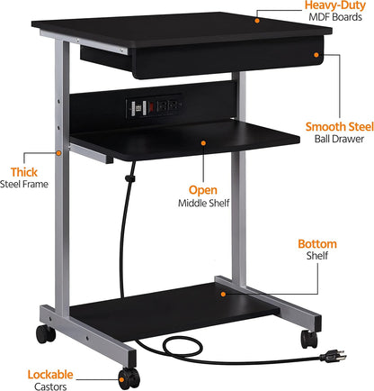 22 in Laptop Computer Table Home Office Desk with Power Outlet for Small Space, Mobile Compact Corner Workstation with Charging Station and USB Ports on Wheels, Student Writing Table, Black