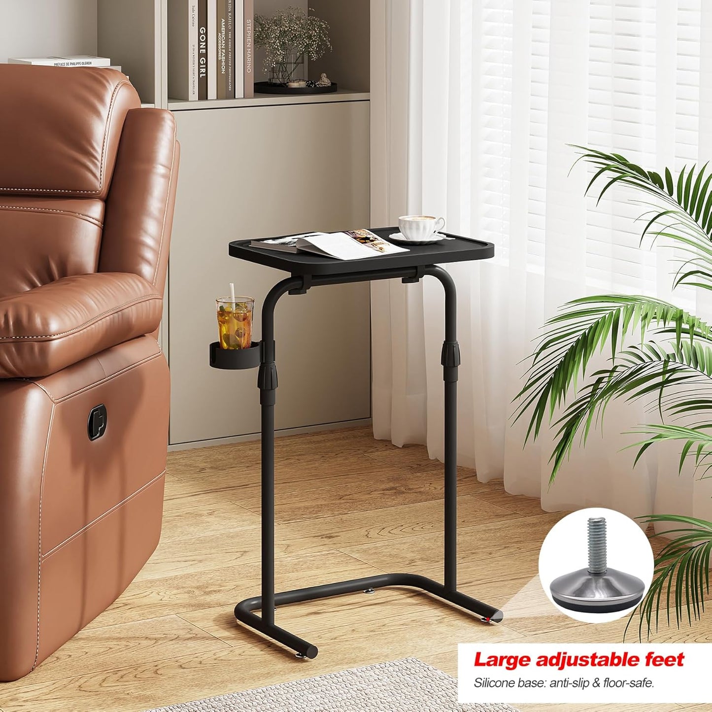 C Shaped End Table with Tiltable Surface, Adjustable Height Side Table, Slide under Couch Table TV Tray for Eating, Sofa Tray for Livingroom, Bedroom Black TB01BK091